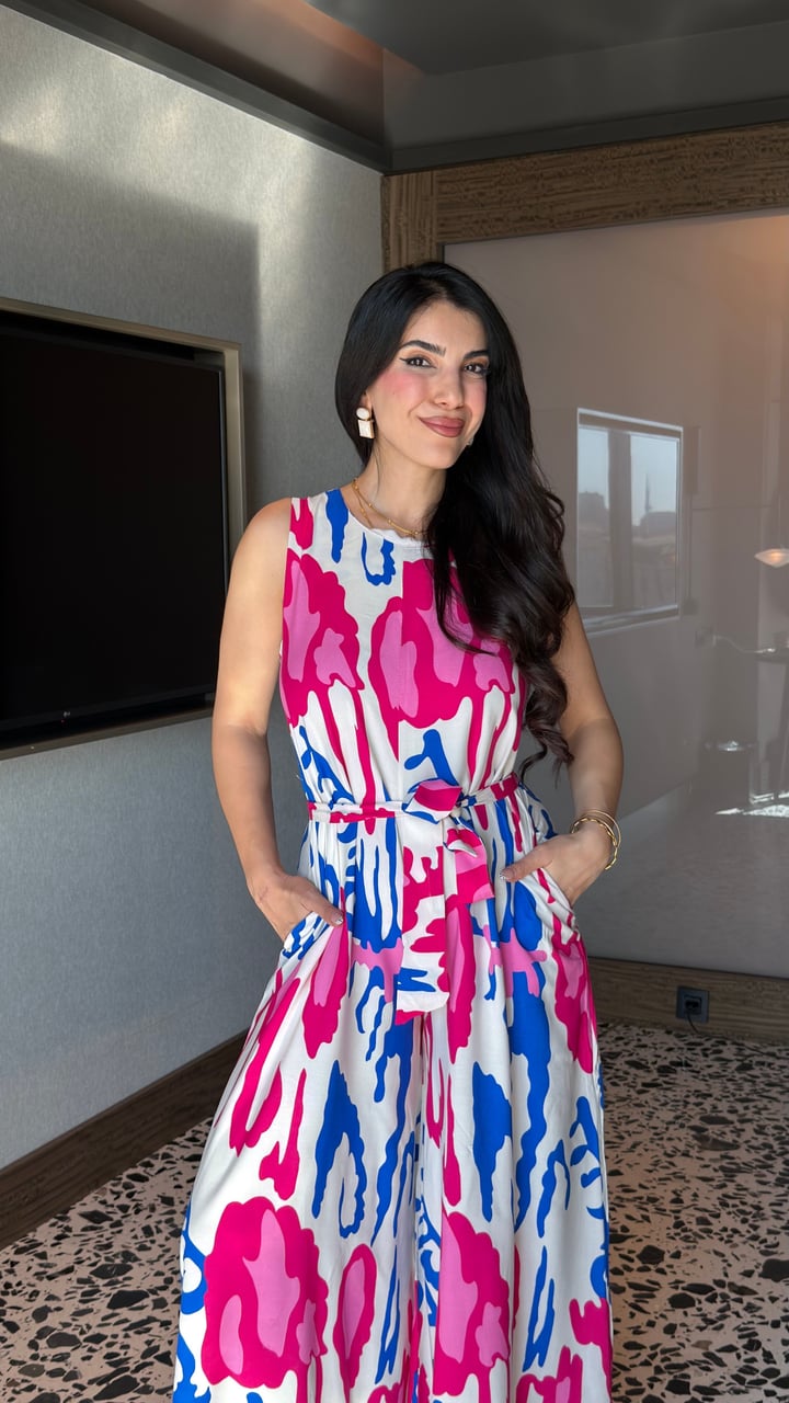 Favel Pembe Desenli Kemerli Bol Paça Tulum