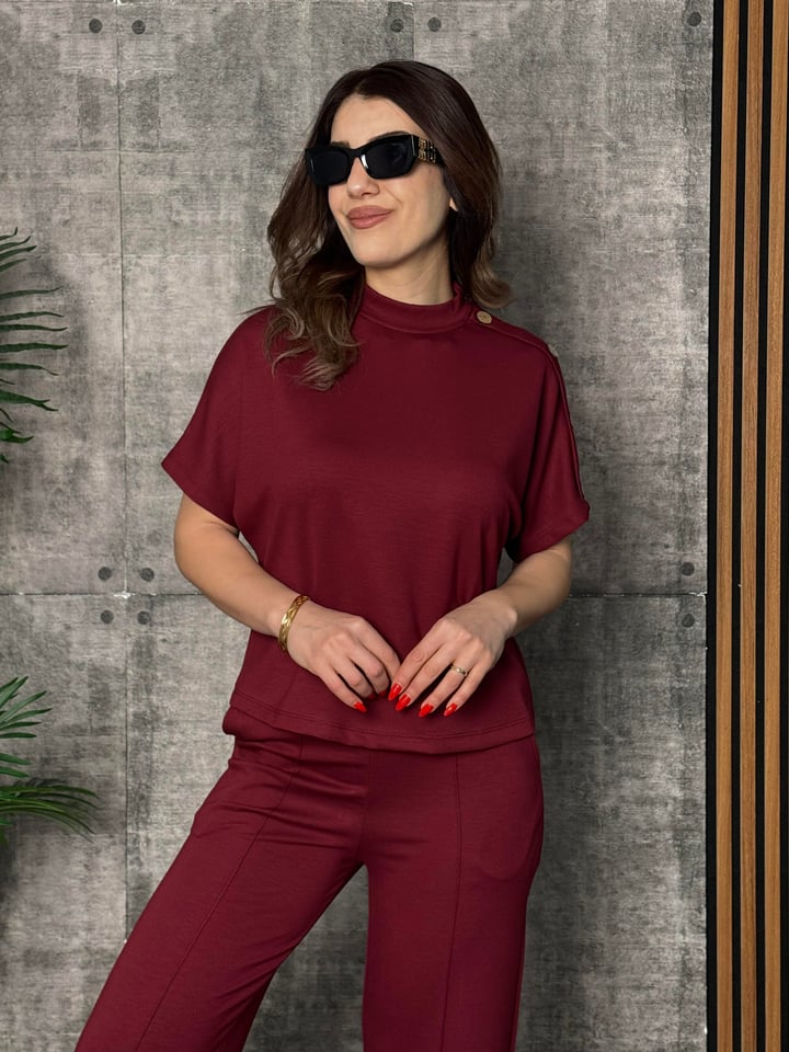 Fizu Bordo Omuz Düğmeli İkili Takım