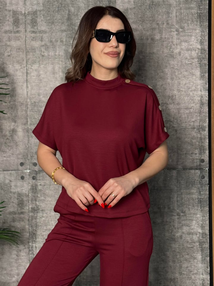 Fizu Bordo Omuz Düğmeli İkili Takım
