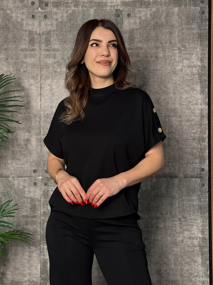 Fizu Siyah Omuz Düğmeli İkili Takım