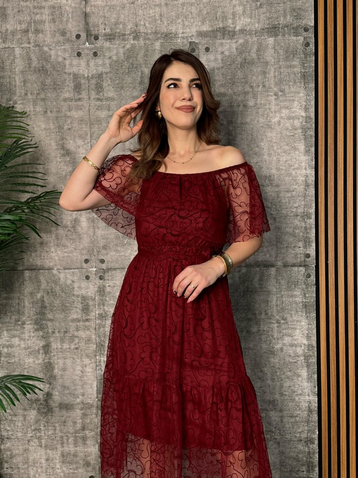 Flok Bordo Yaka Fırfırlı Beli Kemerli Midi Boy Elbise