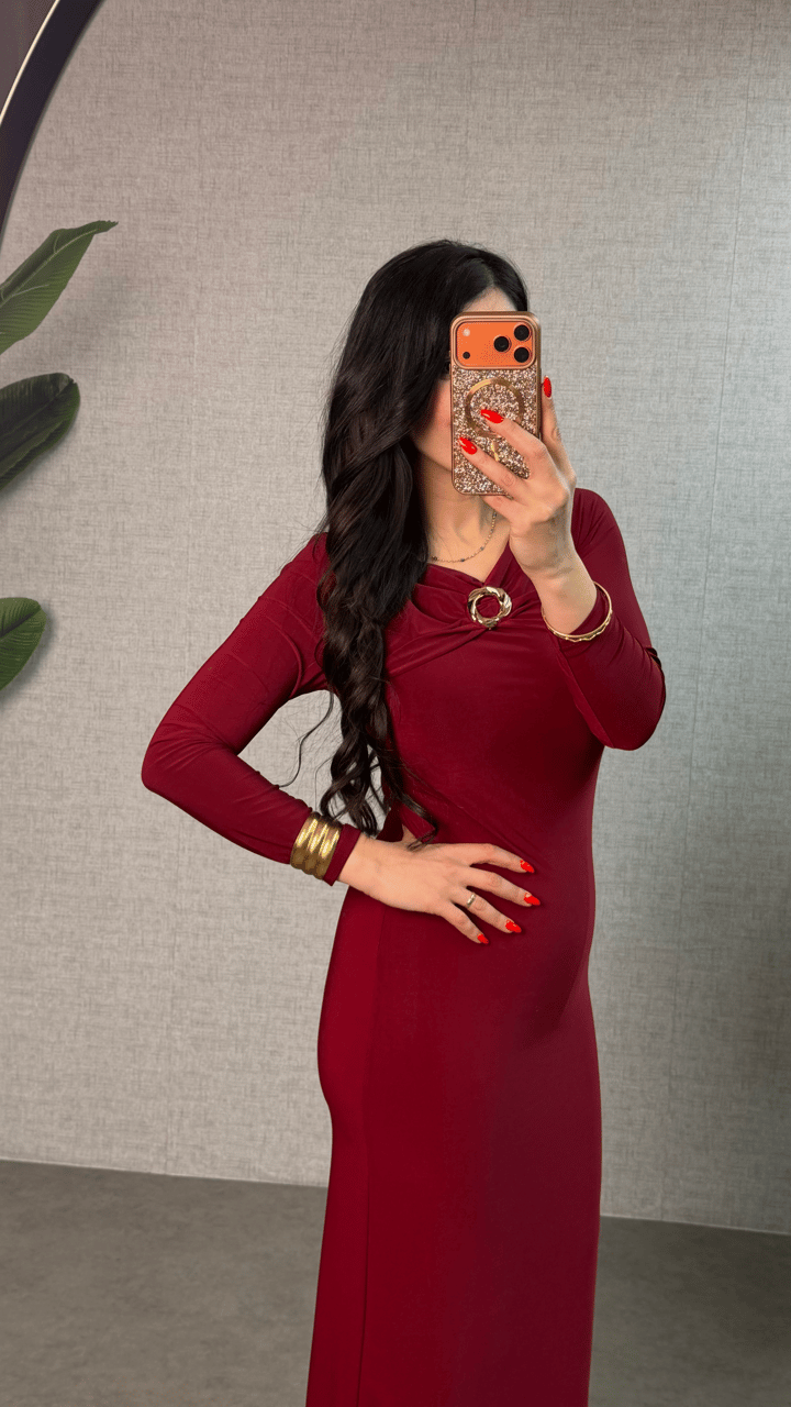 Freya Bordo Gold Tokalı Sandy Elbise