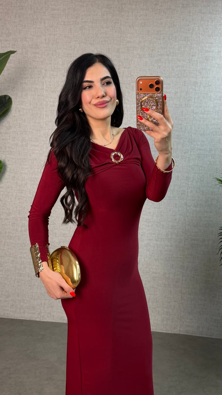 Freya Bordo Gold Tokalı Sandy Elbise