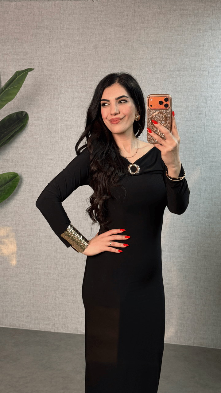 Freya Siyah Gold Tokalı Sandy Elbise