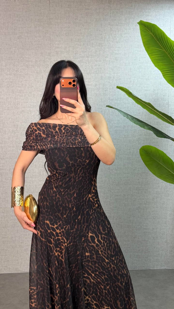 Frezya Leopar Astarlı Tül Elbise