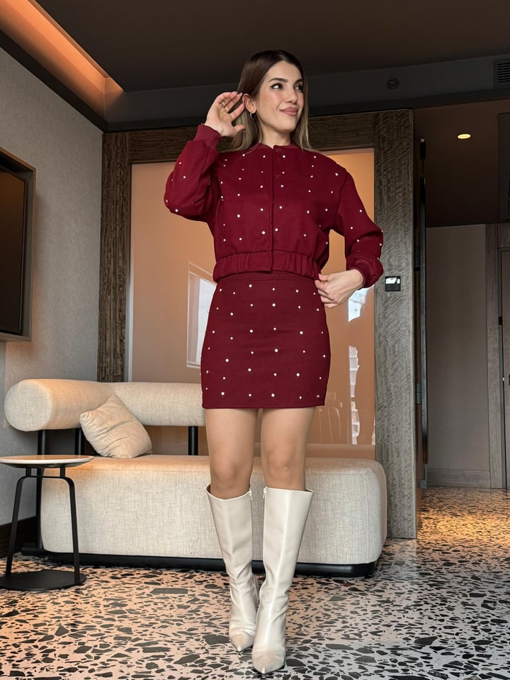 Goss Bordo Taşlı Etekli Takım