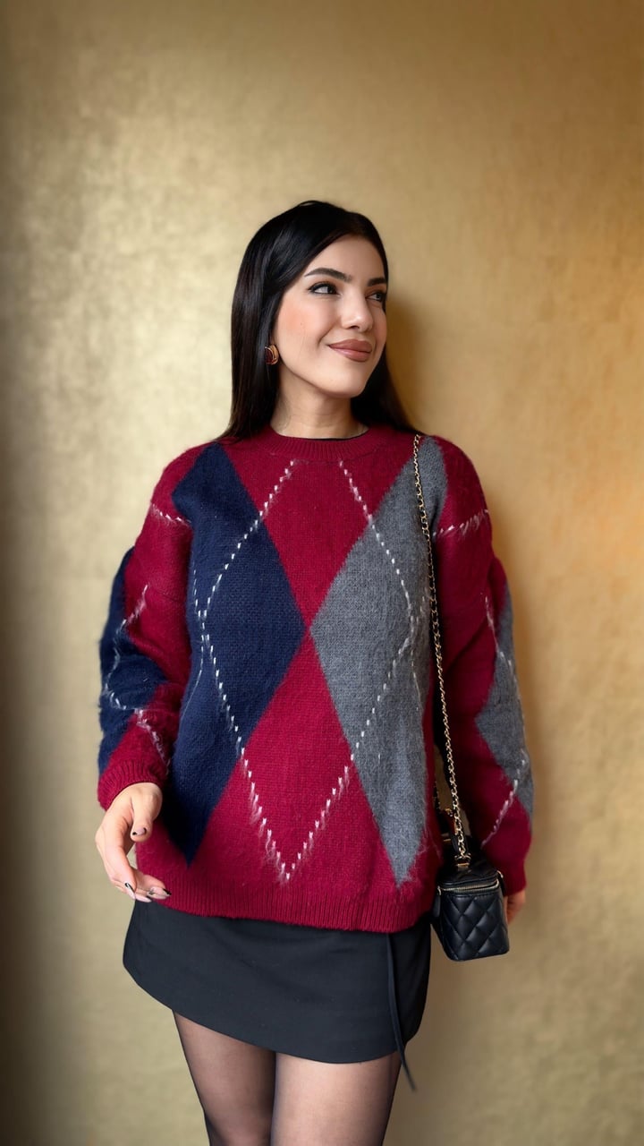 Greta Bordo Baklava Desenli Triko Kazak