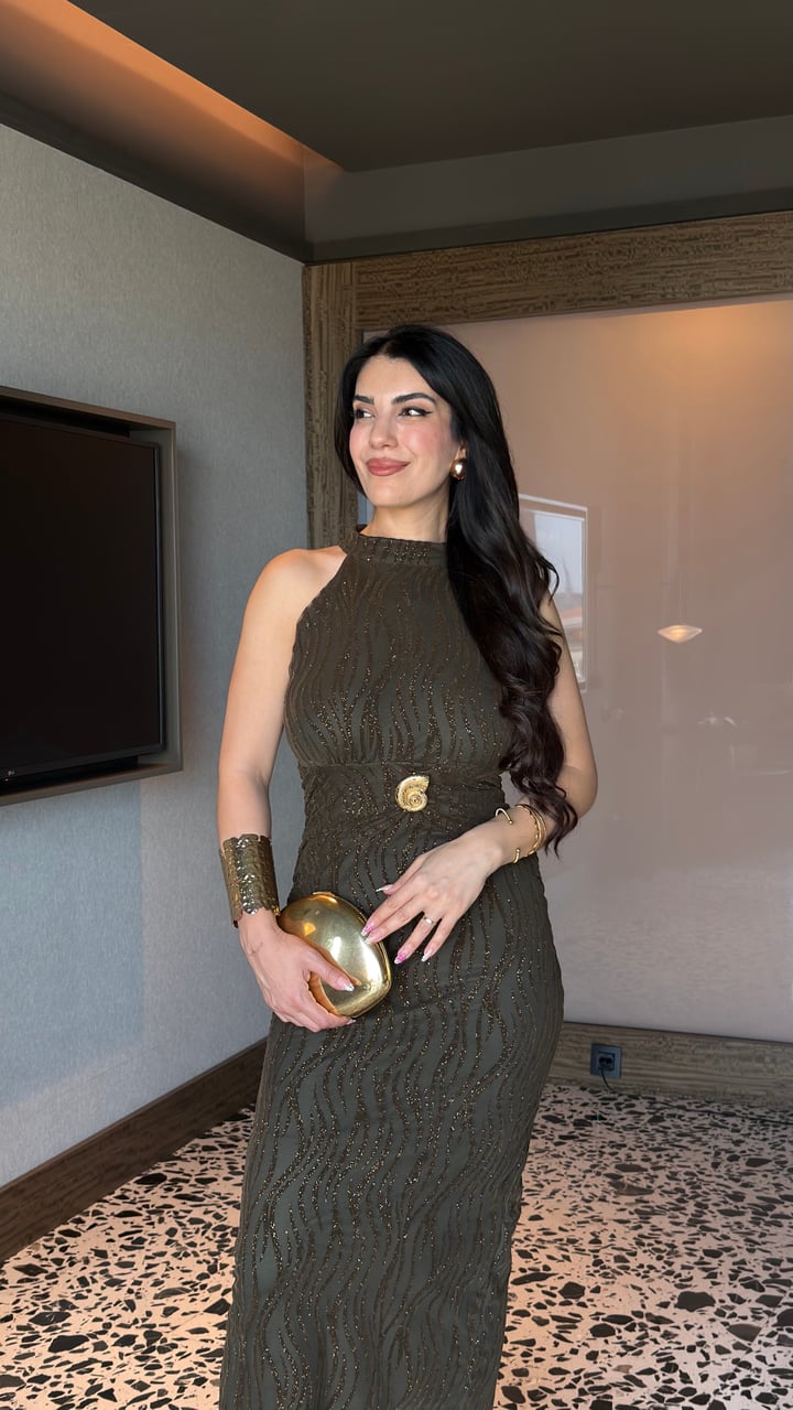 Helen Haki Yeşil Simli Gold Tokalı Elbise