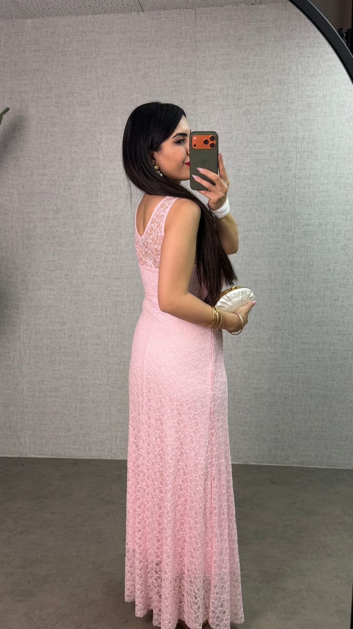 Hely Pembe Astarlı Dantel Elbise