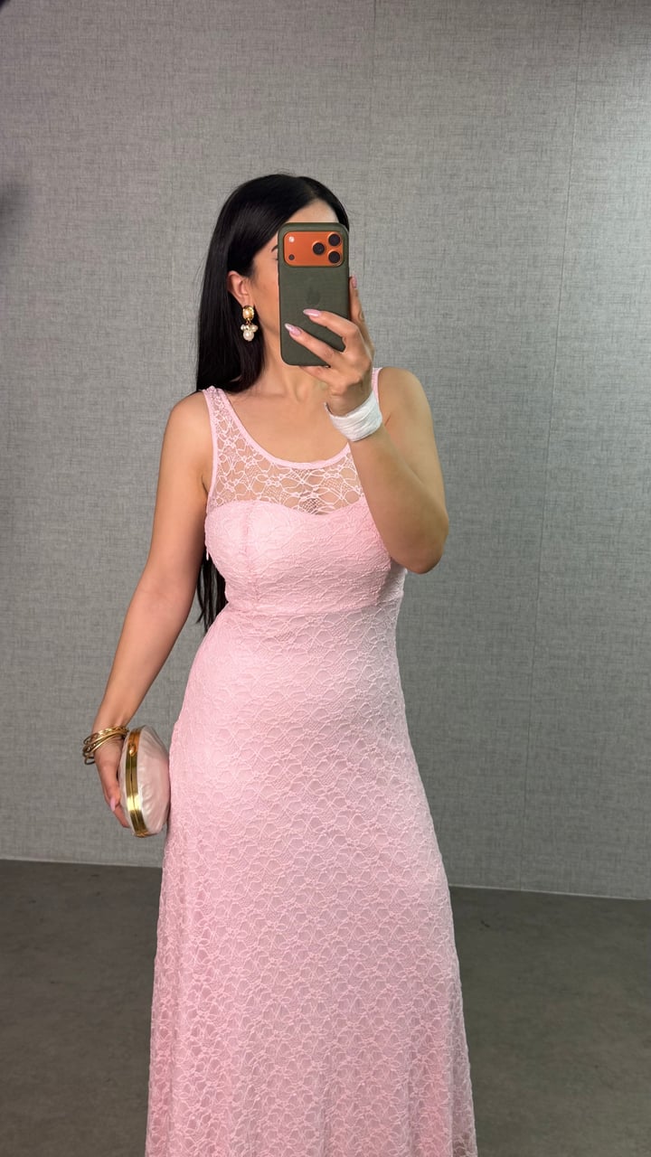 Hely Pembe Astarlı Dantel Elbise