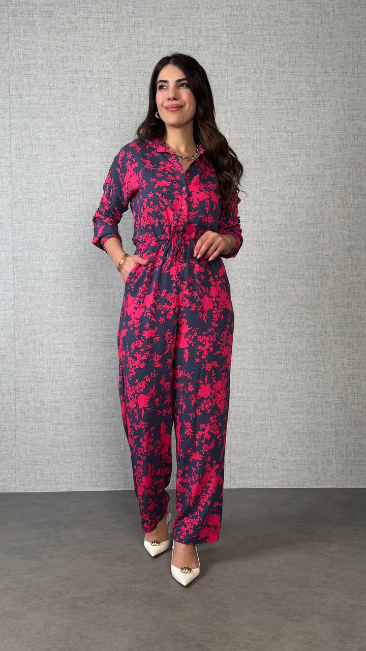Hery Pembe Belden Büzgülü Desenli Tulum