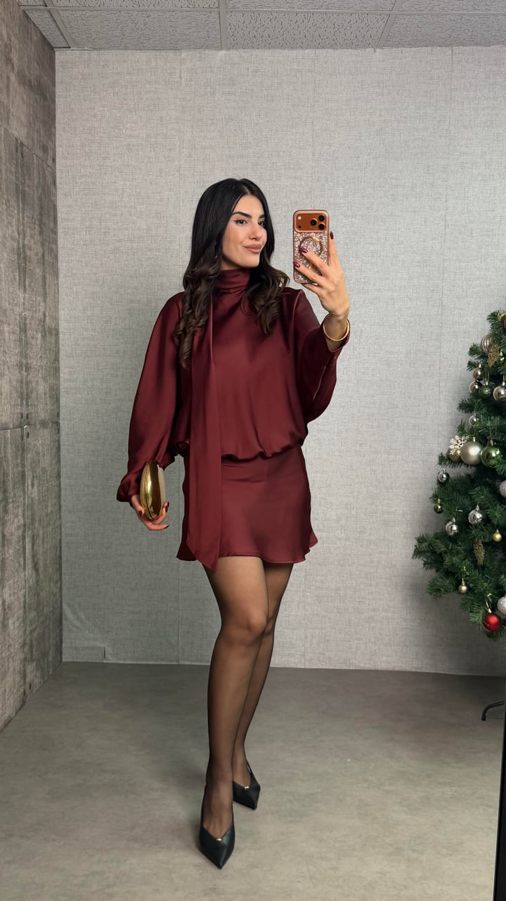 İnka Bordo Yarasa Kol Saten Elbise