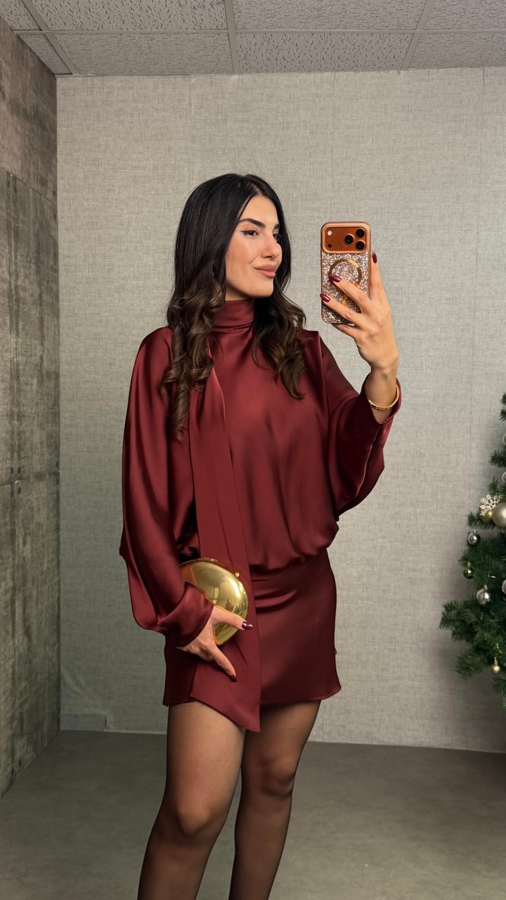 İnka Bordo Yarasa Kol Saten Elbise