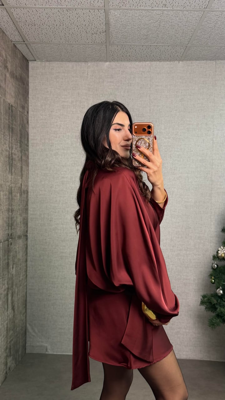 İnka Bordo Yarasa Kol Saten Elbise