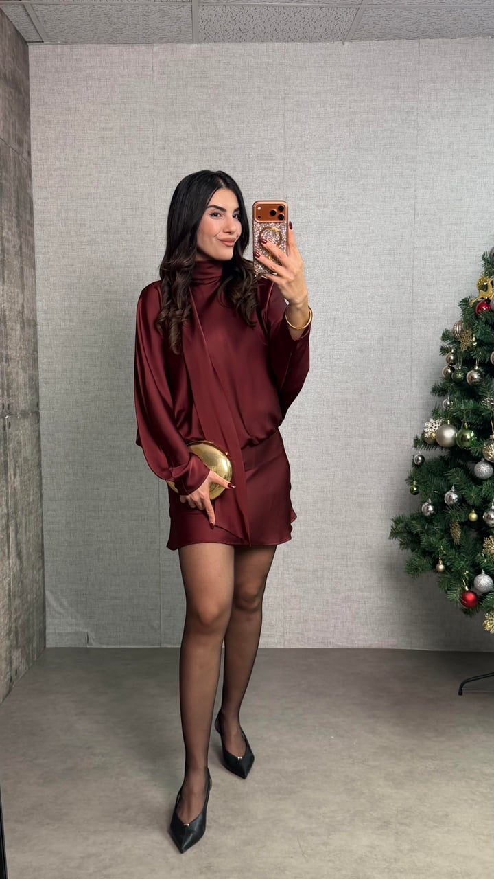 İnka Bordo Yarasa Kol Saten Elbise