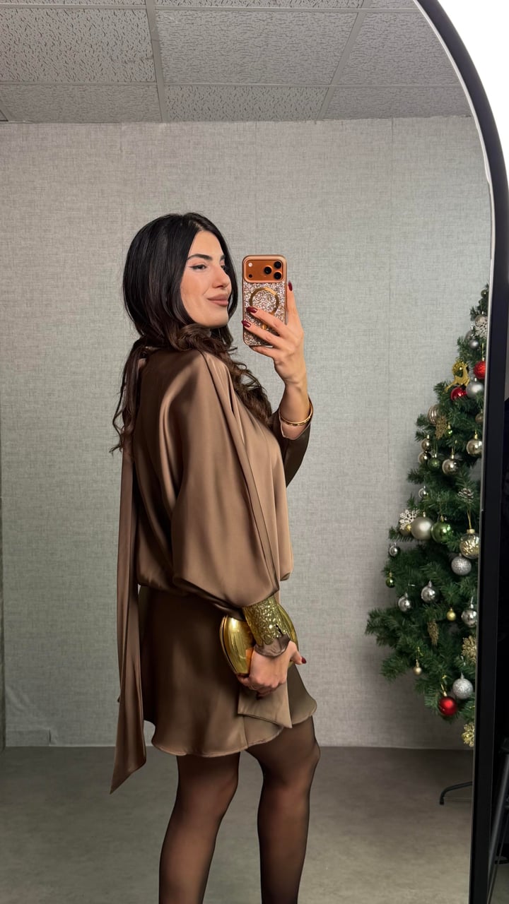 İnka Kahverengi Yarasa Kol Saten Elbise