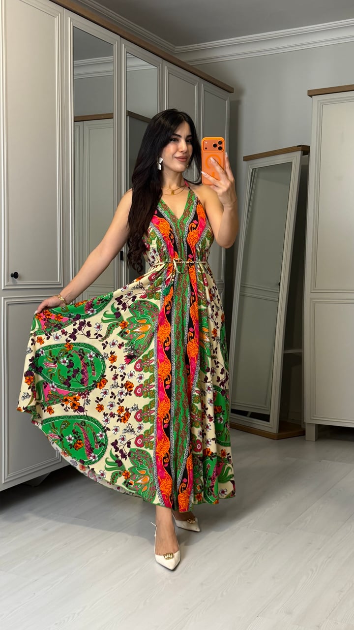 Jally Yeşil Desenli İp Askılı Elbise