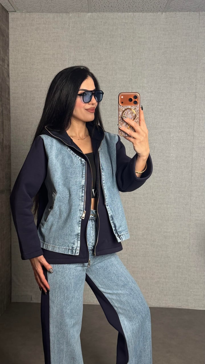 Jami Tasarım Lacivert  Jean Yelek Görünümlü Garnili İkili Takım