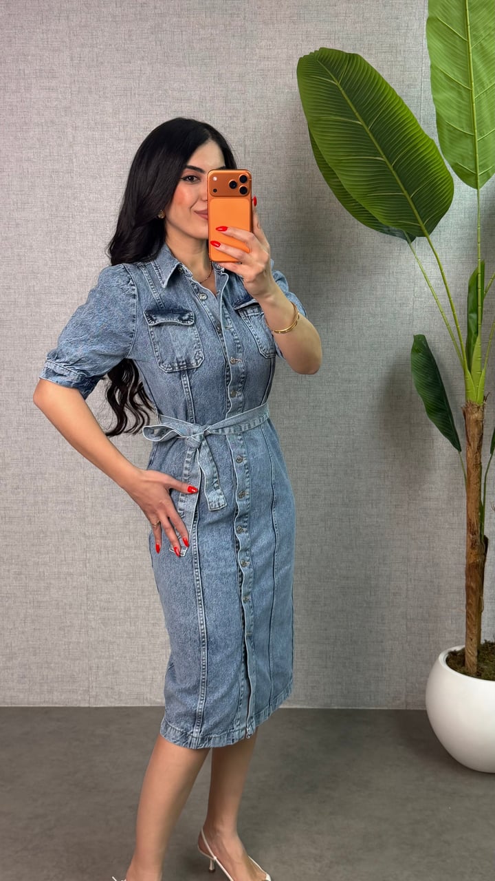 Jaon Beli Kuşaklı Cep Detaylı Denim Elbise