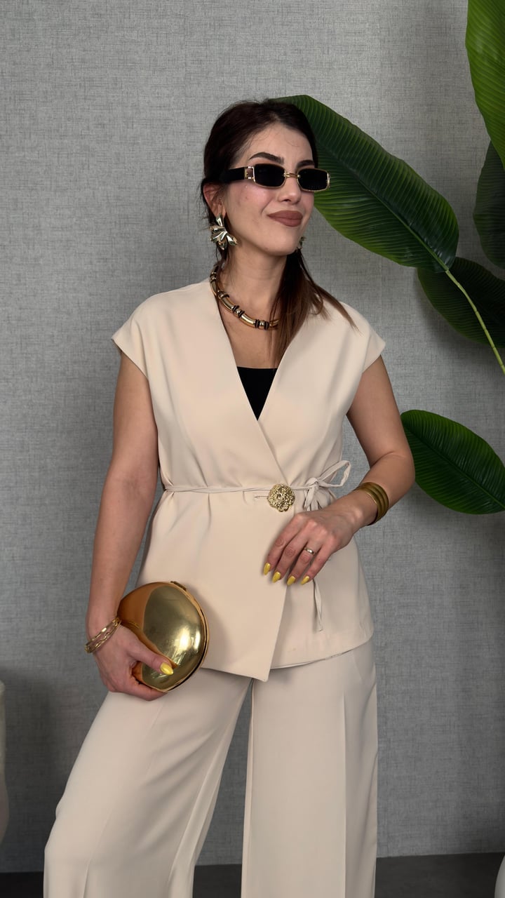 Jassa Bej Premium Gold Tokalı Kemerli İkili Takım