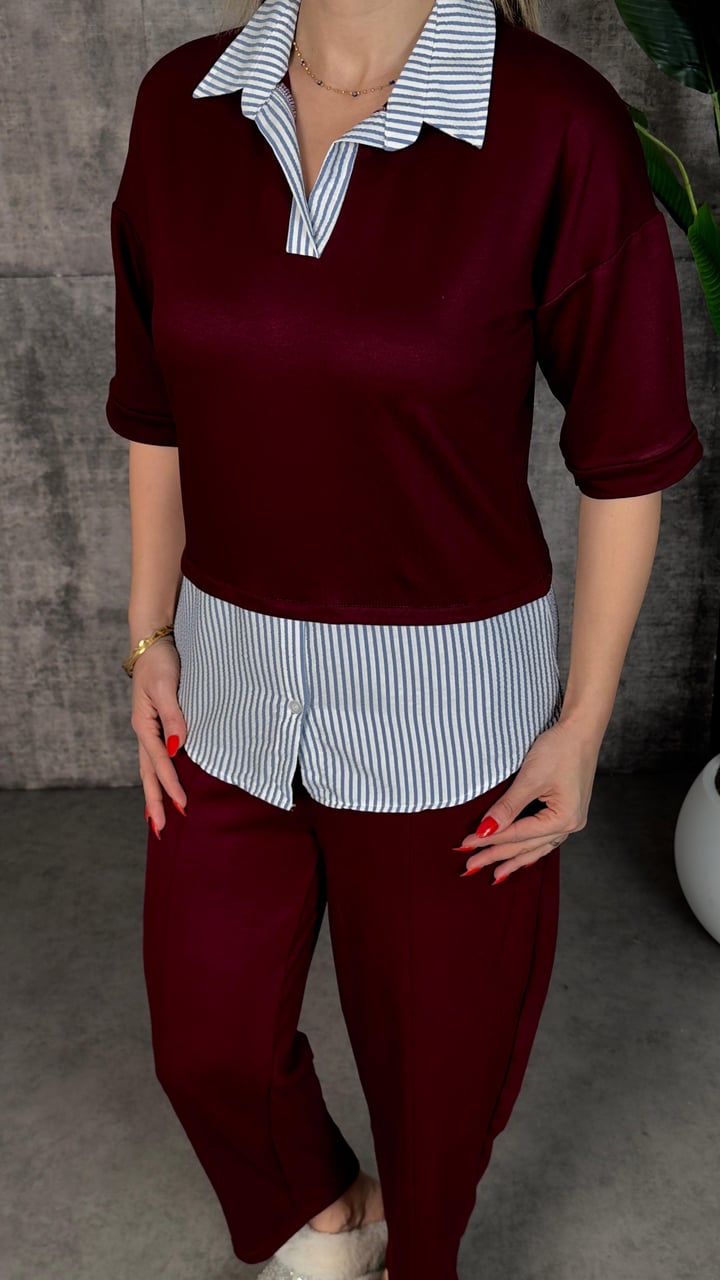 Keis Bordo Çizgili Modal Bluz