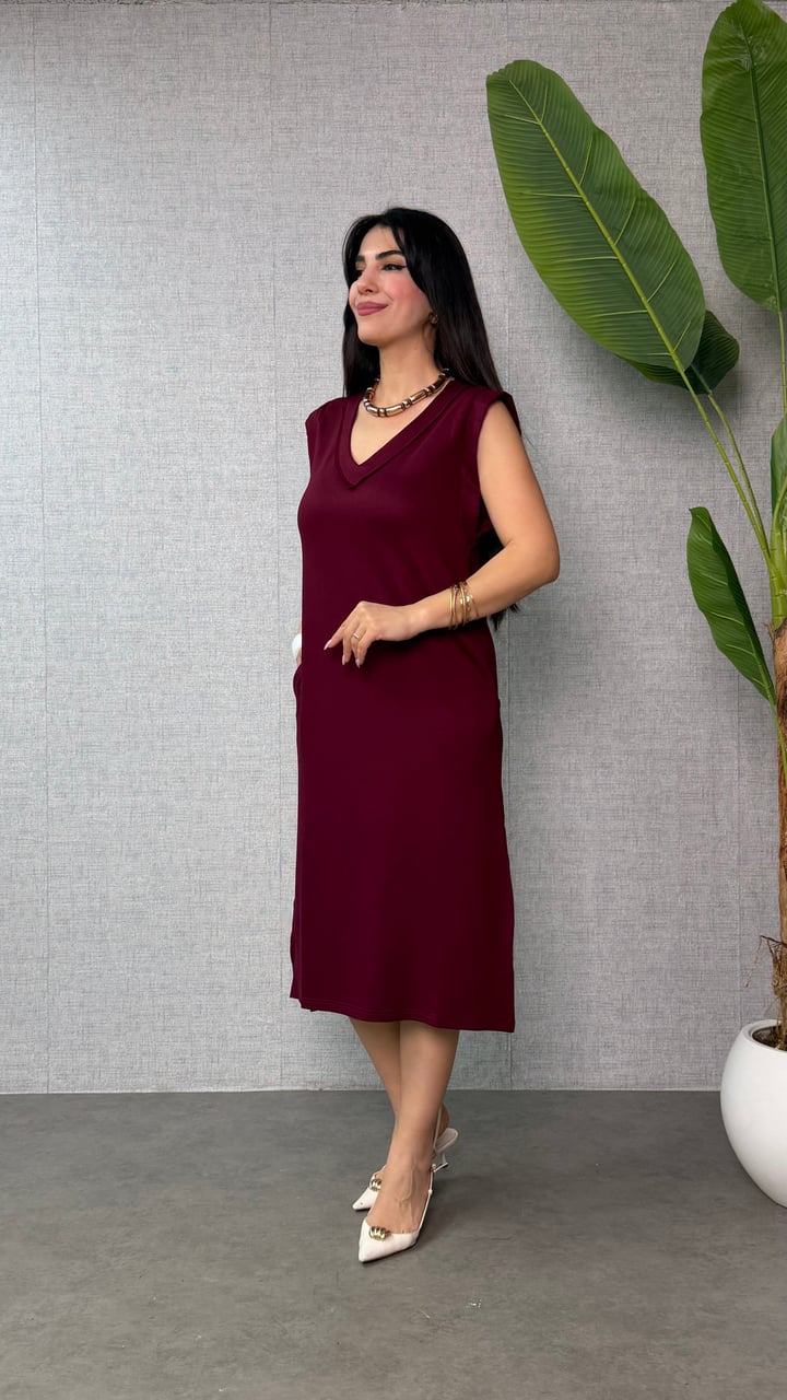 Ladure Bordo V Yaka  Cepli Basic Elbise