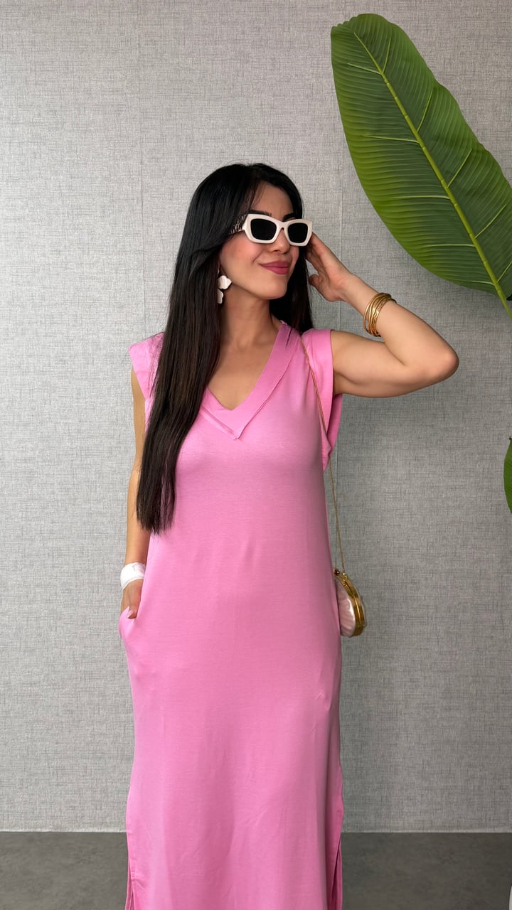 Ladure Pembe V Yaka  Cepli Basic Elbise