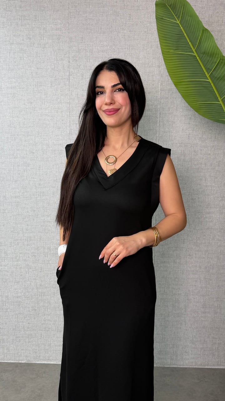Ladure Siyah V Yaka  Cepli Basic Elbise