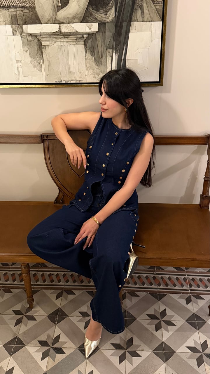 Lame Lacivert Gold Düğmeli Yelekli Denim Takım