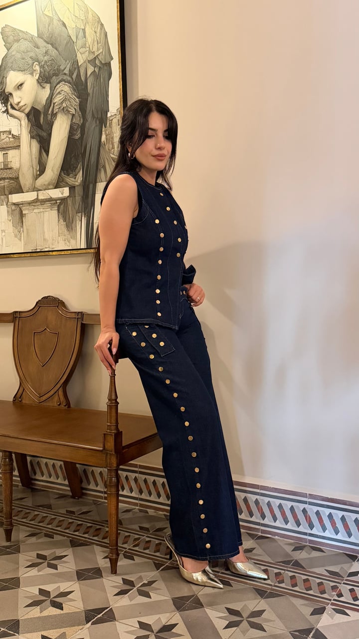 Lame Lacivert Gold Düğmeli Yelekli Denim Takım