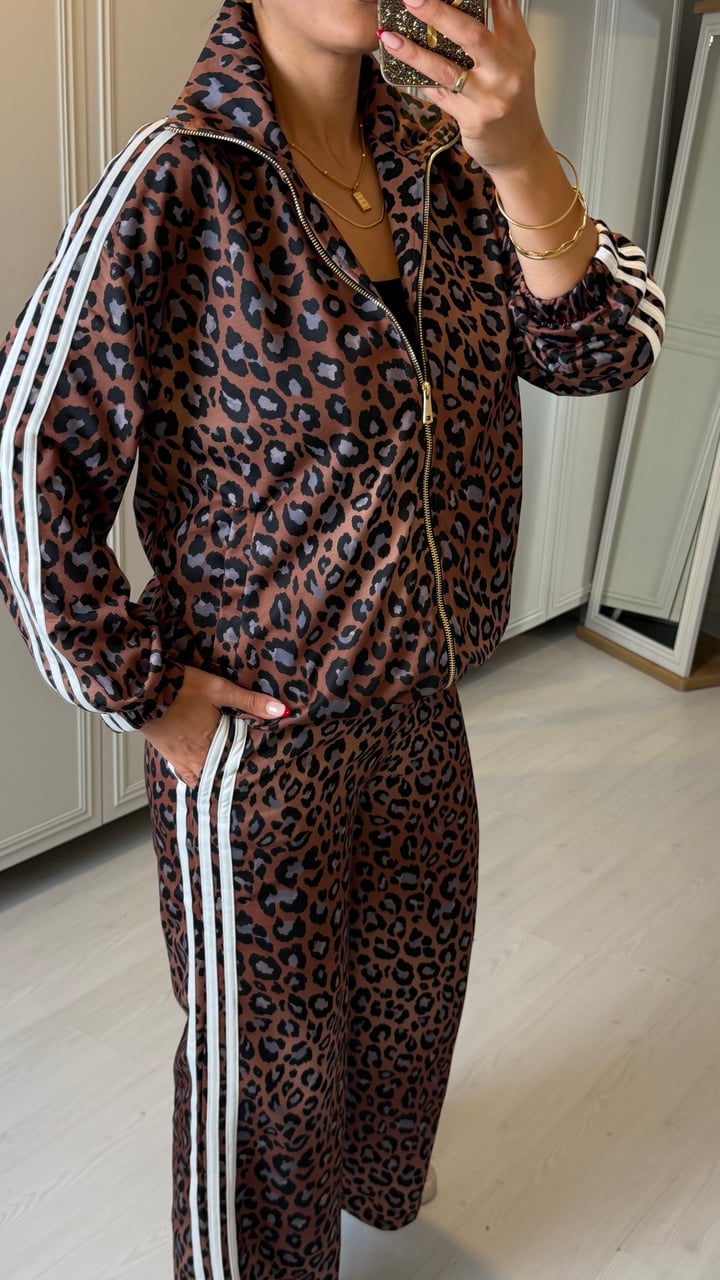 Leca Kahverengi Leopar Desenli Şeritli İkili Vintage Takım