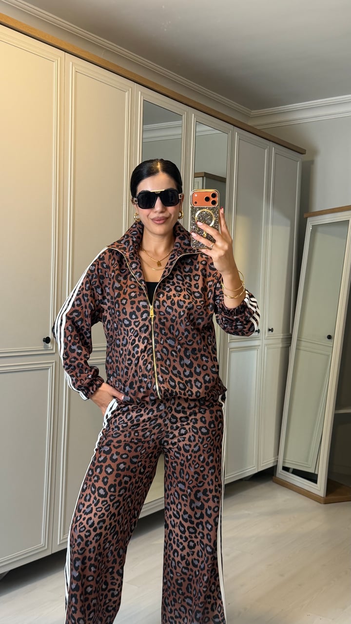 Leca Kahverengi Leopar Desenli Şeritli İkili Vintage Takım