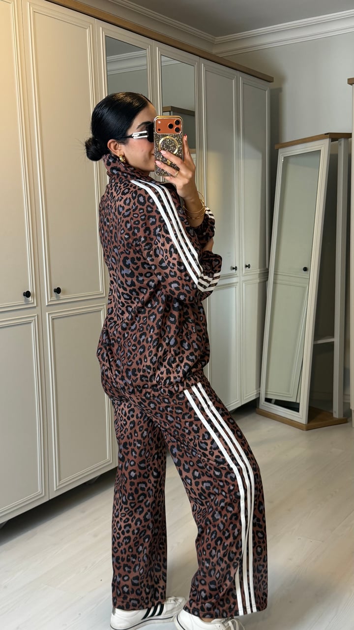 Leca Kahverengi Leopar Desenli Şeritli İkili Vintage Takım