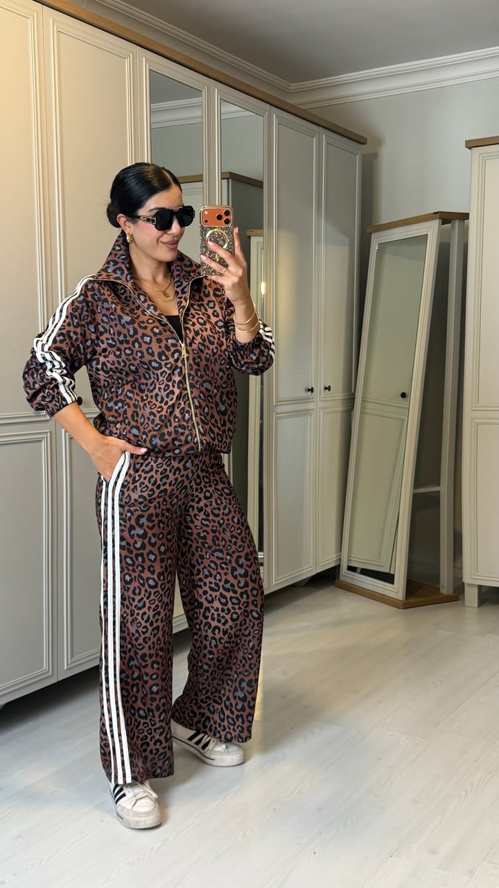 Leca Kahverengi Leopar Desenli Şeritli İkili Vintage Takım