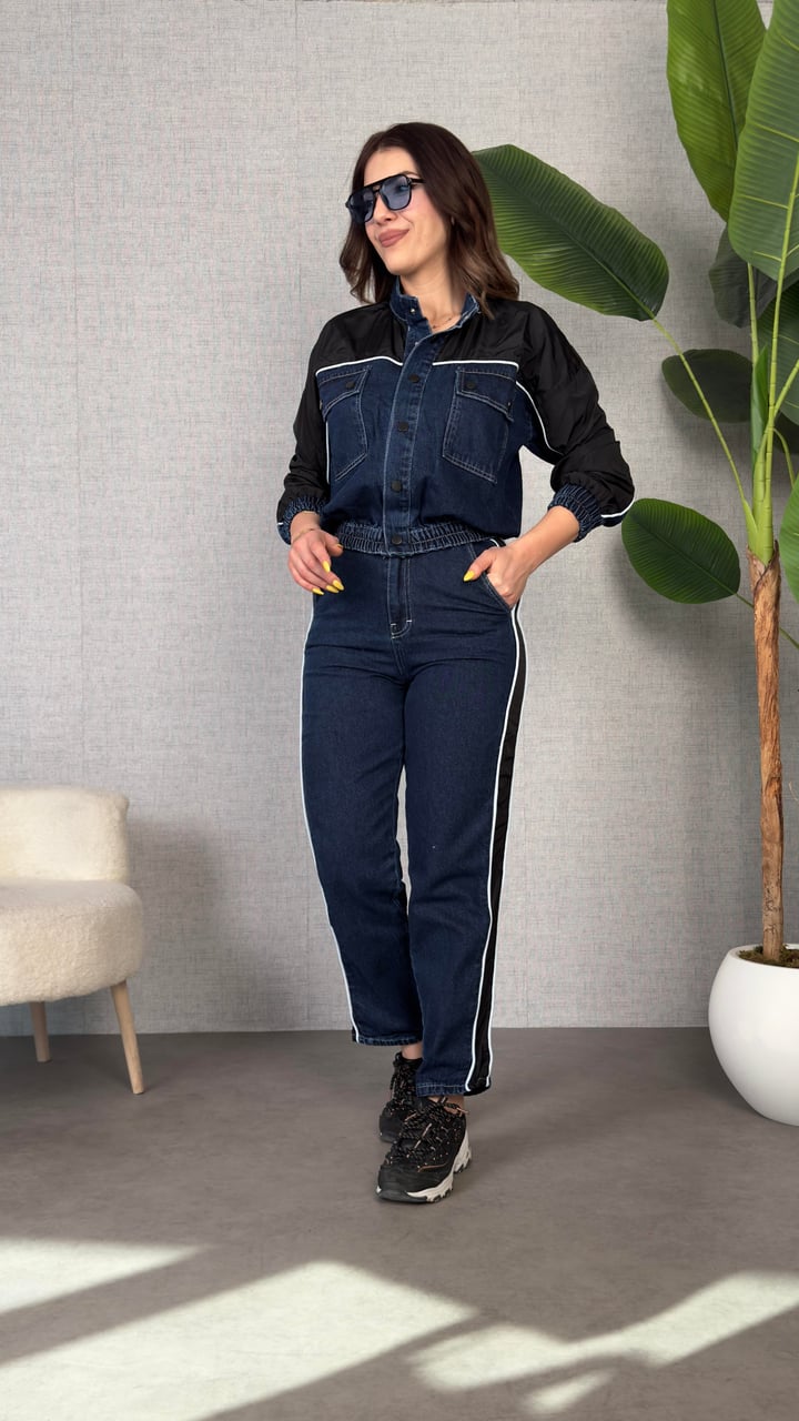 Leil Paraşüt Biyeli Denim Garnili Takım