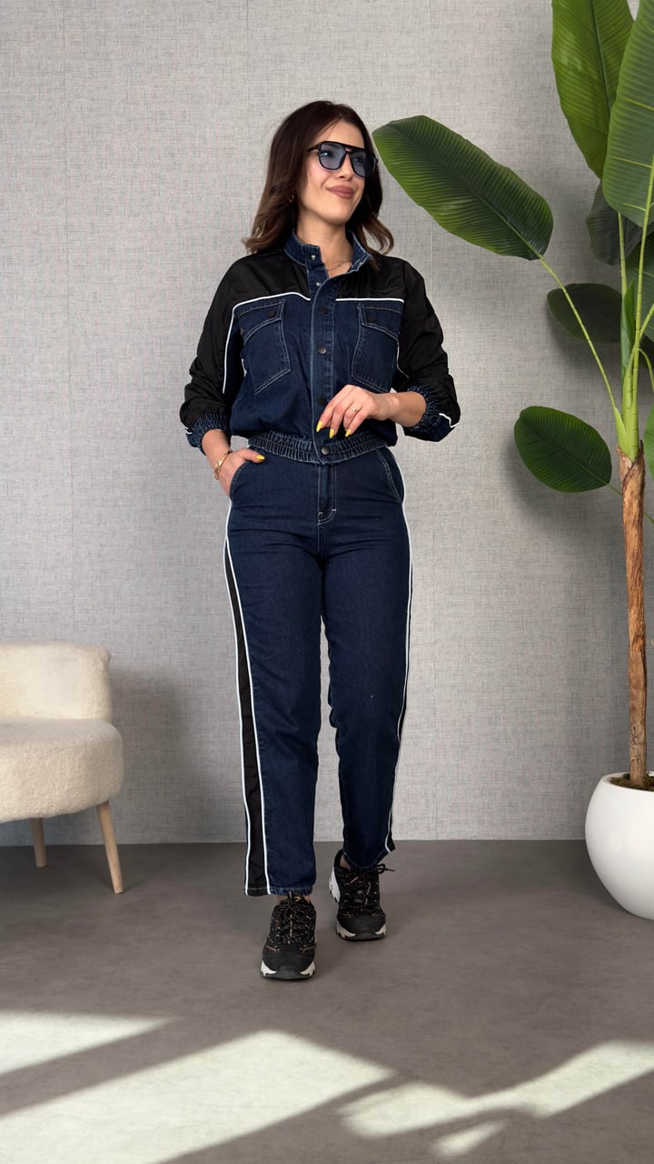 Leil Paraşüt Biyeli Denim Garnili Takım