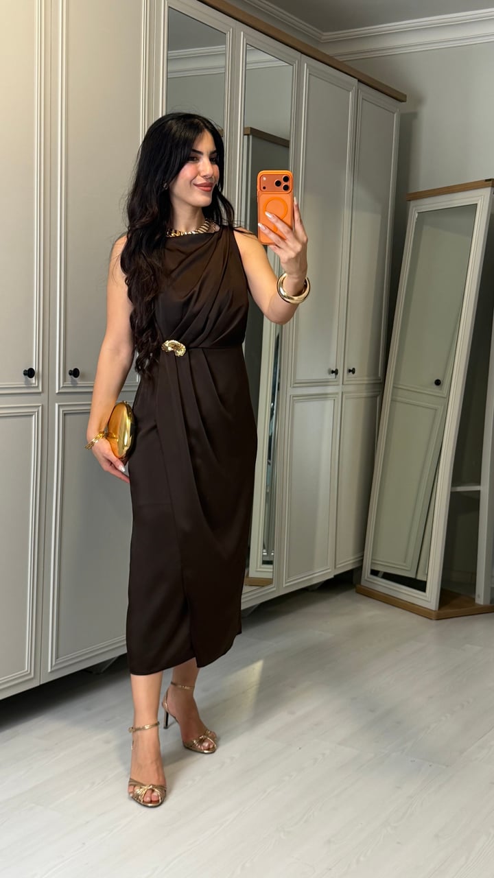 Lely Kahverengi Gold Tokalı Elbise
