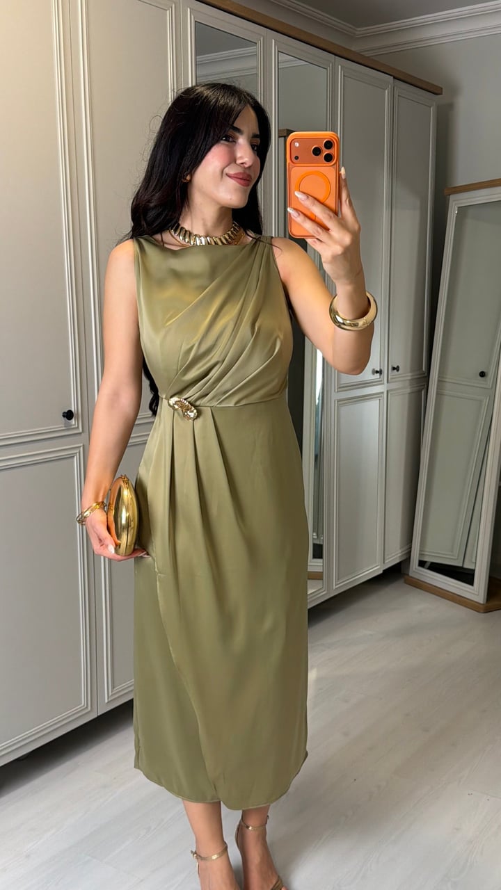 Lely Yağ Yeşili Gold Tokalı Elbise