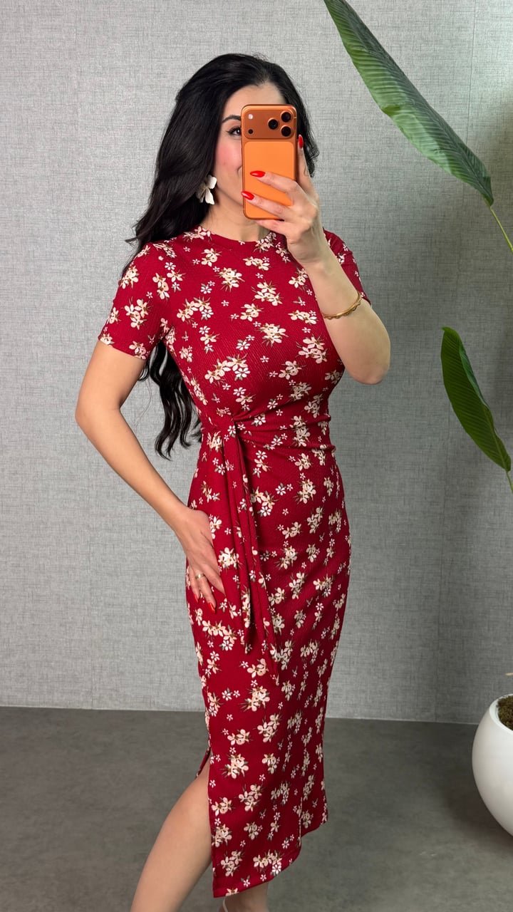Lena Kırmızı Çiçekli Yandan Bağlamalı Elbise