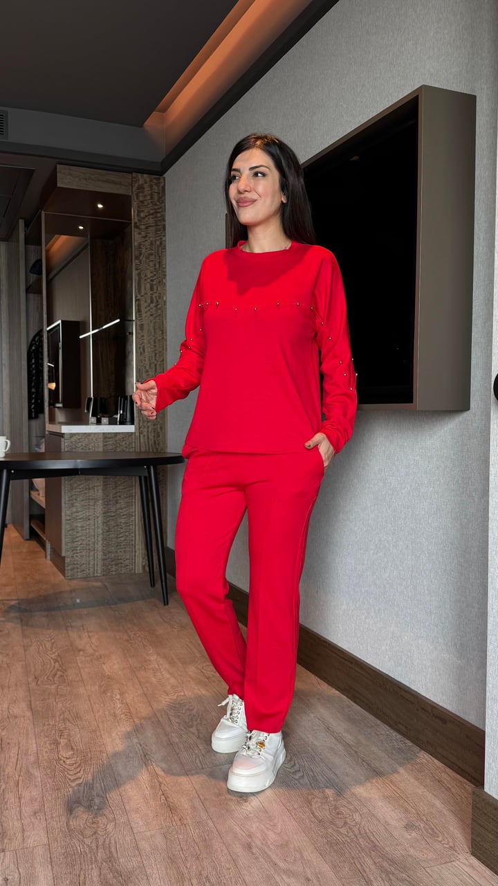 Lenka Kırmızı Zımbalı Modal İkili Takım