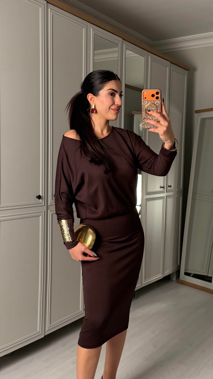 Leona Kahverengi Kayık Yaka Elbise