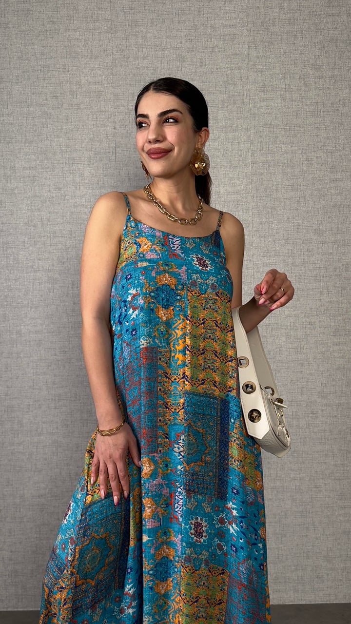 Lina Mavi Desenli Salaş Elbise