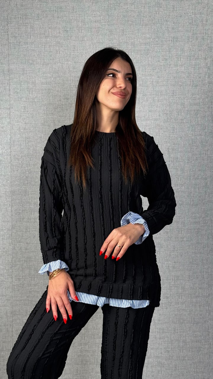 Livi Siyah Gömlek Detaylı Fırfır Kumaş İkili Takım