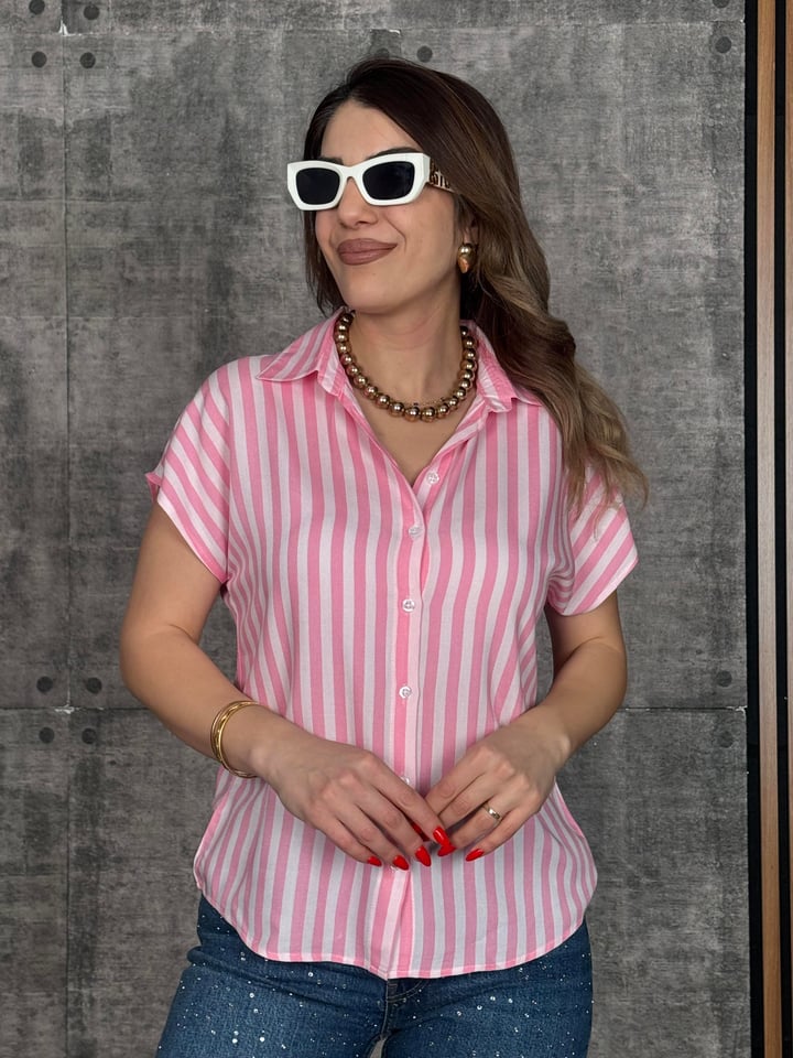 Loly Pembe Beyaz Çizgili Dokuma Kumaş Gömlek