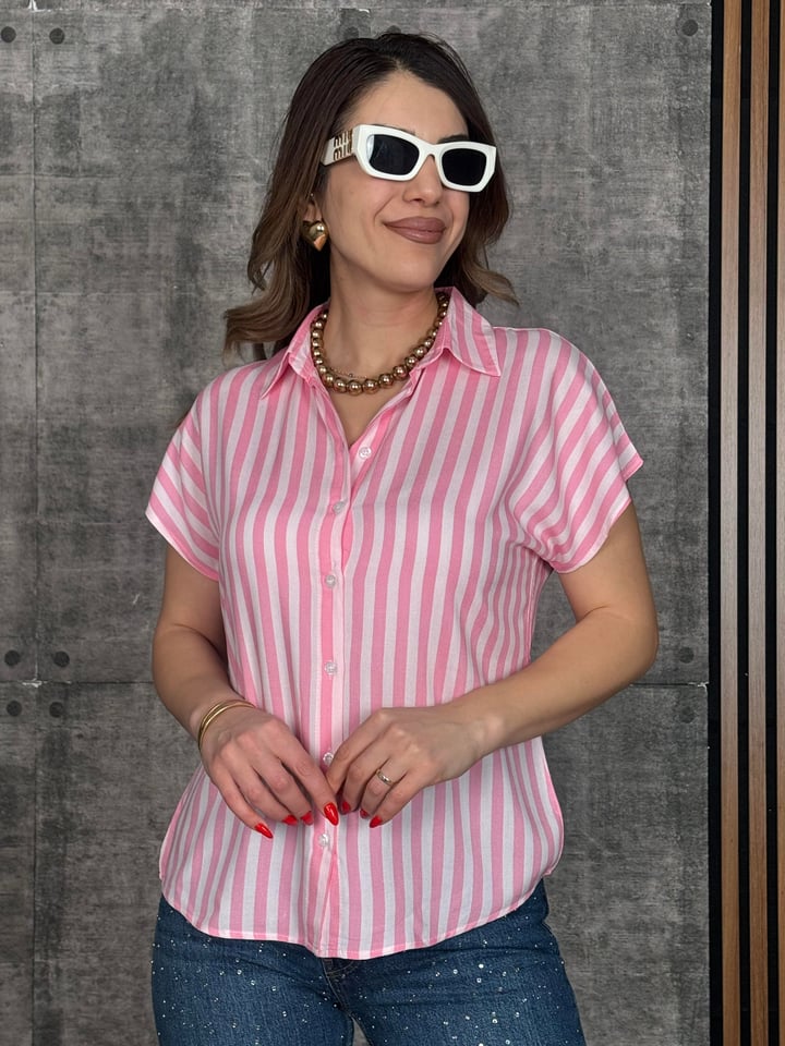 Loly Pembe Beyaz Çizgili Dokuma Kumaş Gömlek
