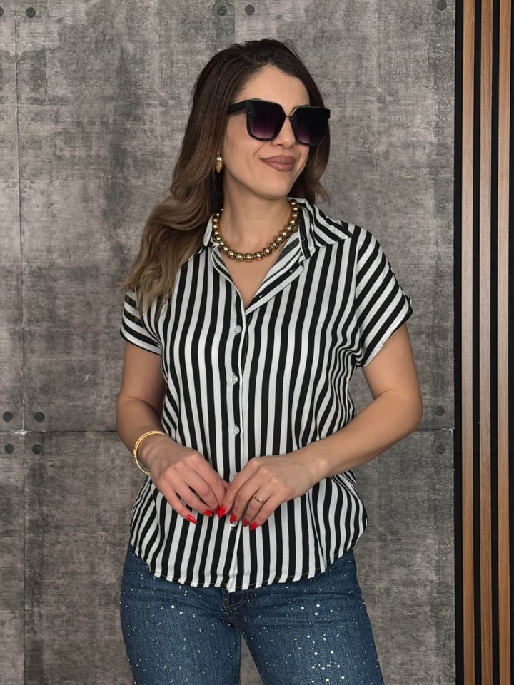 Loly Siyah Beyaz Çizgili Dokuma Kumaş Gömlek