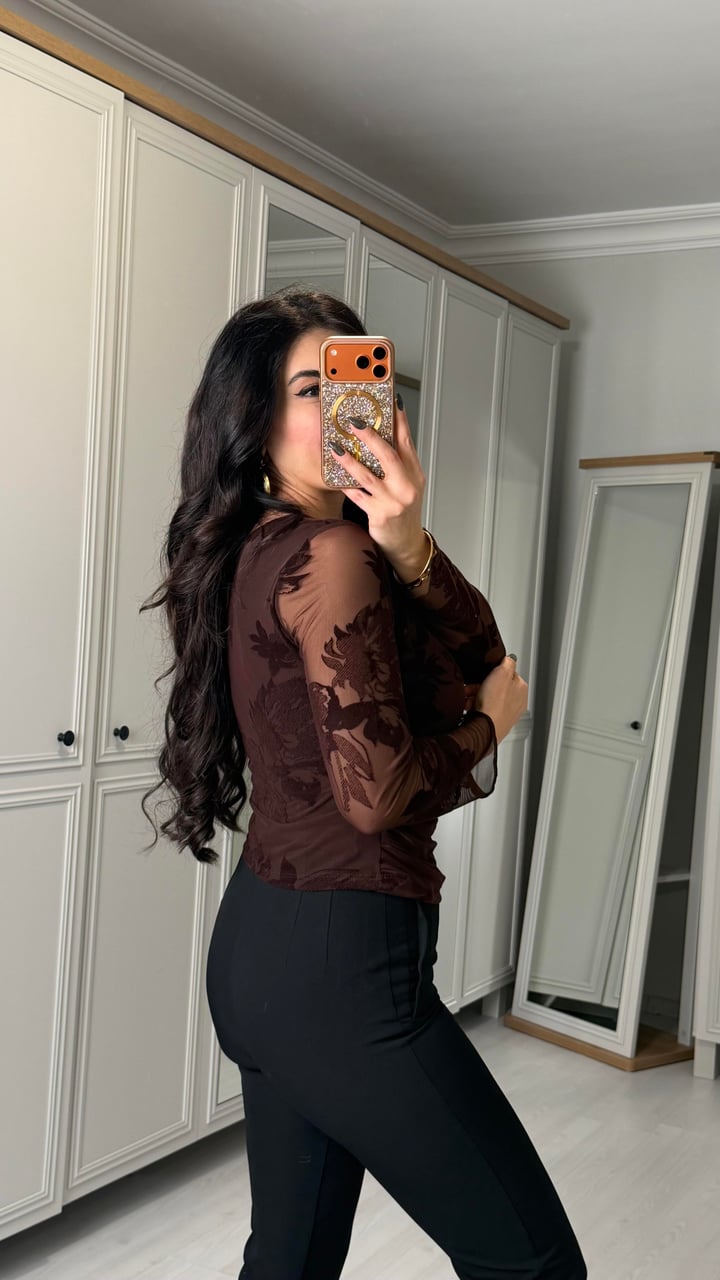 Lora Kahverengi Flok Tül Astarlı Bluz
