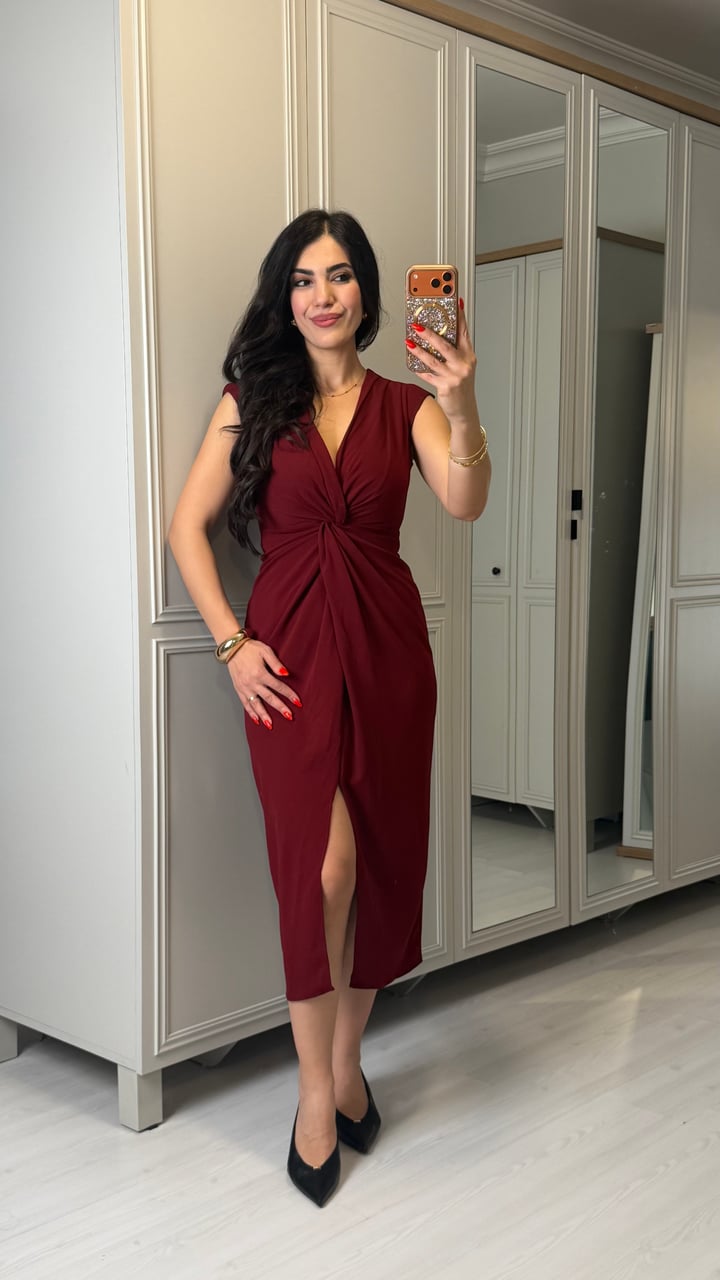 Lorena Bordo V Yaka Örme Crep Elbise