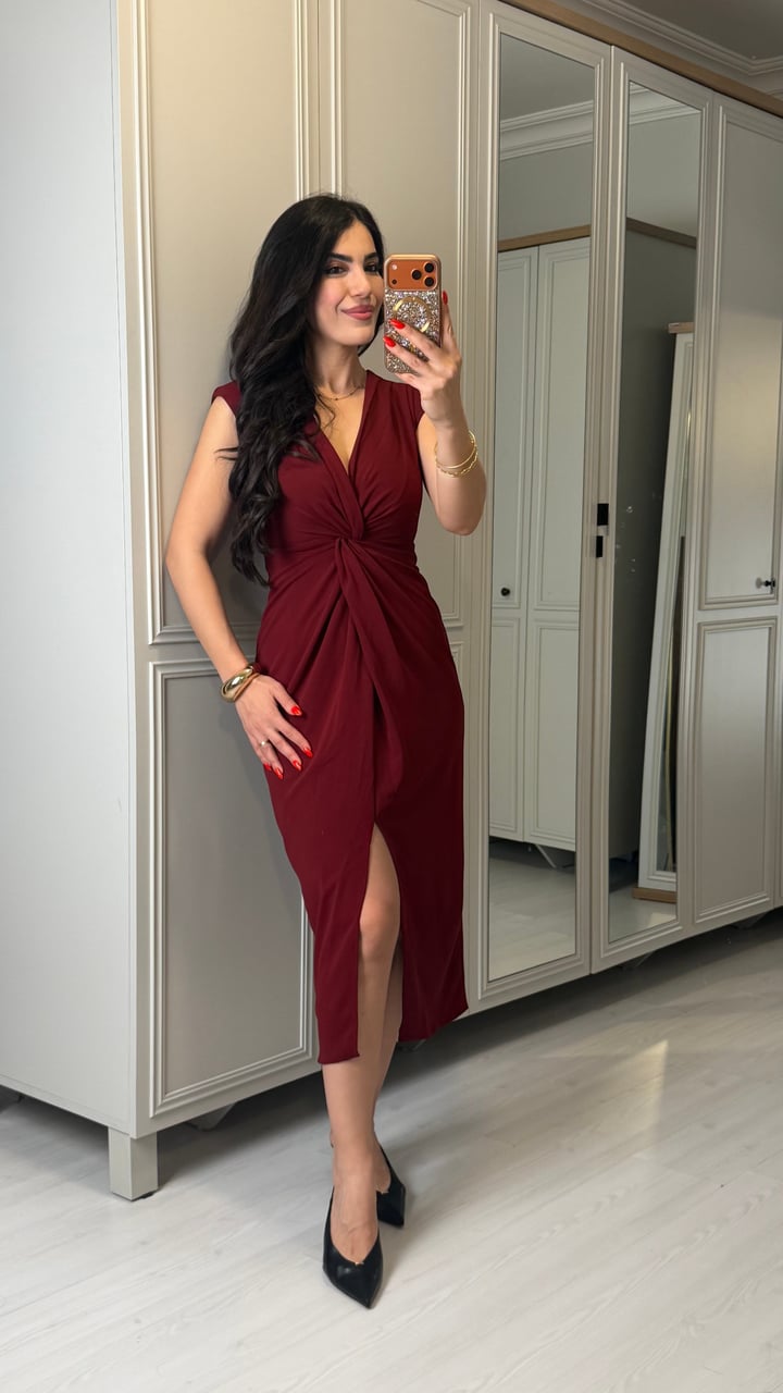 Lorena Bordo V Yaka Örme Crep Elbise
