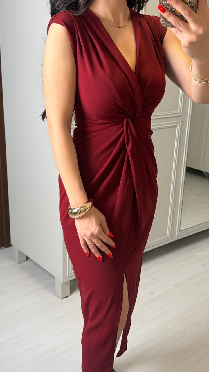 Lorena Bordo V Yaka Örme Crep Elbise